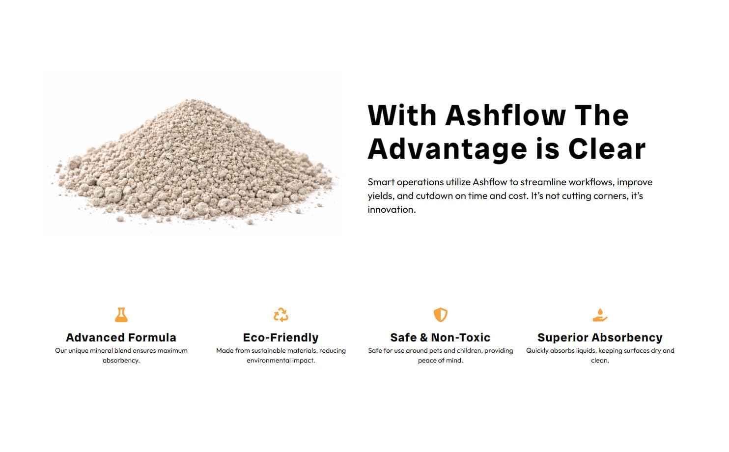 The Ashflow shop, with a pile of mineral absorbent beside the reasons to buy it