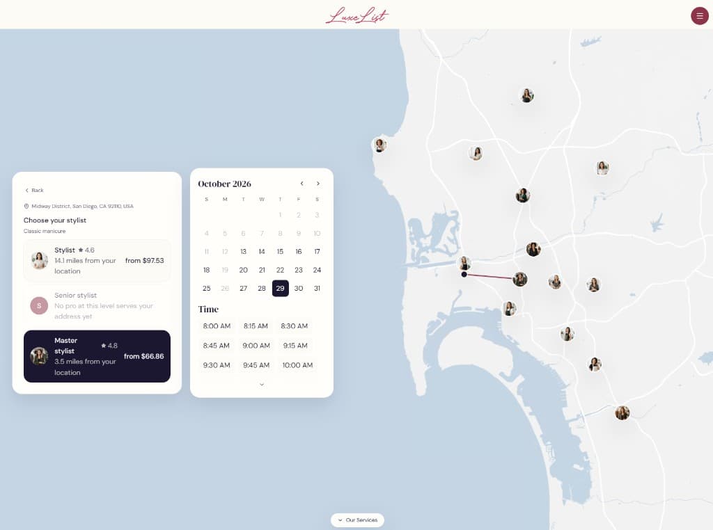 Booking a classic manicure on Luxe List, with stylist choices, a calendar and a map